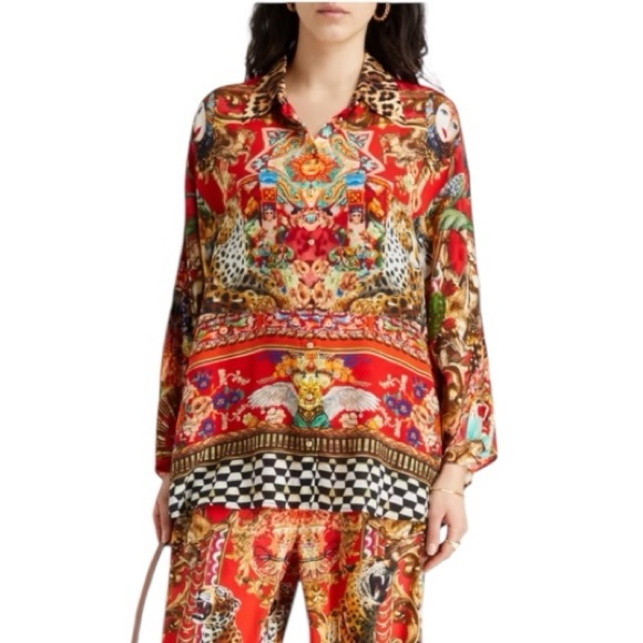 Camilla Crystal Silk Crepe Blouse Red Print Relaxed Fit Large NWT - Picture 2 of 4